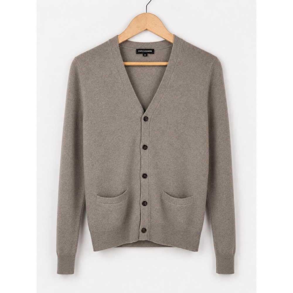 State Cashmere Cardigan Women XS Taupe 100% Cashmere V-Neck Button Front Pocket